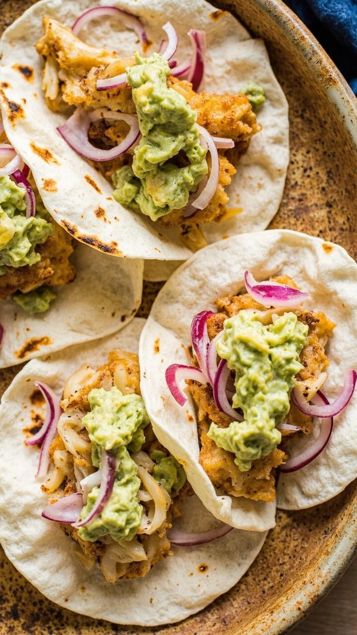 Soft flour tortillas stuffed with flaky grilled catfish, topped with pale green avocado slaw and finished with a scattering of red onion slices, all tucked on a casual platter. Soft flour tortillas stuffed with flaky grilled catfish, topped with pale green avocado slaw and finished with a scattering of red onion slices, all tucked on a casual platter.