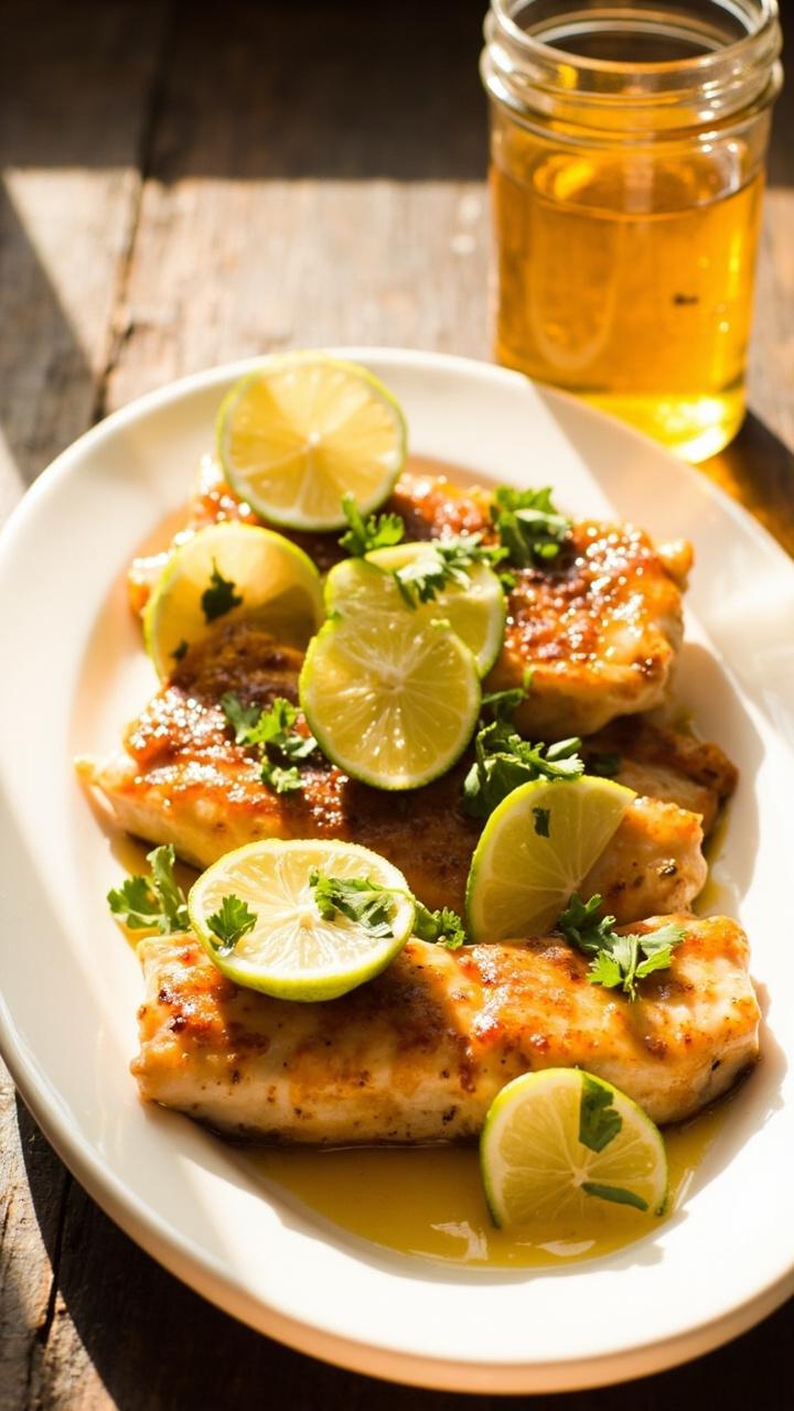 Glazed catfish fillets glistening on a white oval platter, garnished with lime slices and chopped fresh cilantro, next to a small jar of honey-lime glaze. Glazed catfish fillets glistening on a white oval platter, garnished with lime slices and chopped fresh cilantro, next to a small jar of honey-lime glaze.