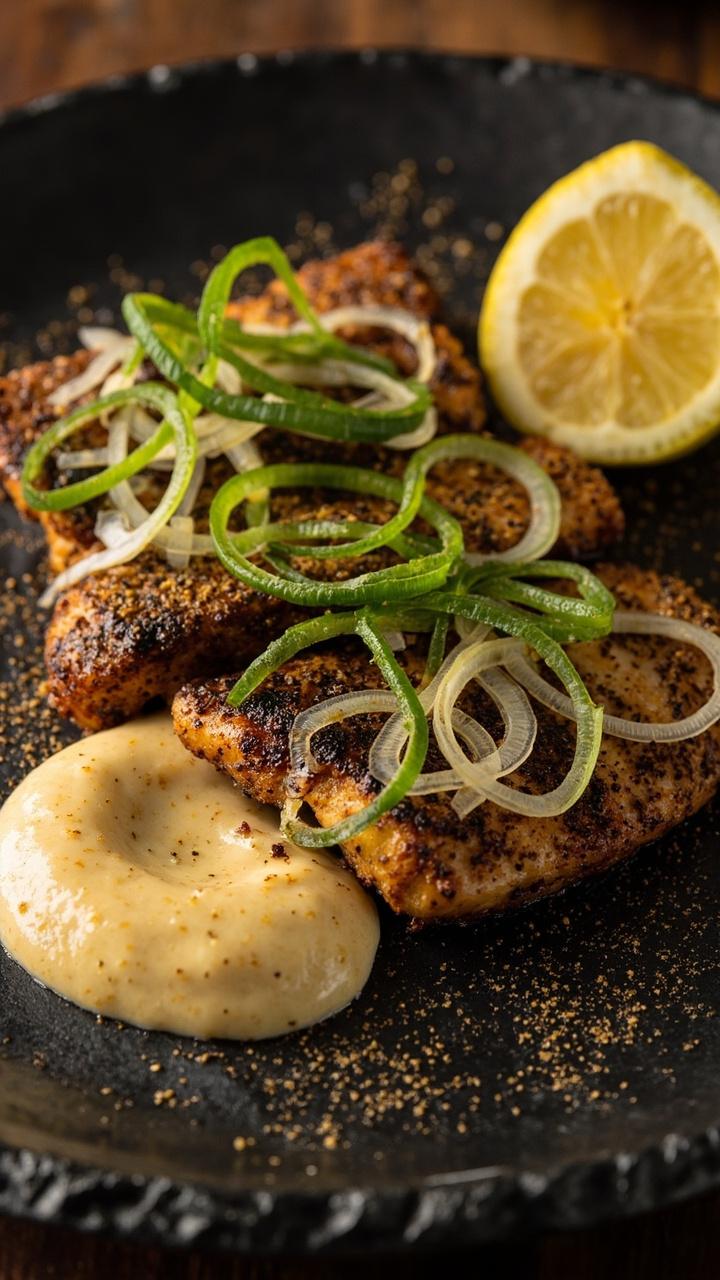 Charred catfish fillets layered with spice, topped with thin rings of green onion, served on a slate plate with a side of creamy remoulade and a lemon wedge. Charred catfish fillets layered with spice, topped with thin rings of green onion, served on a slate plate with a side of creamy remoulade and a lemon wedge.
