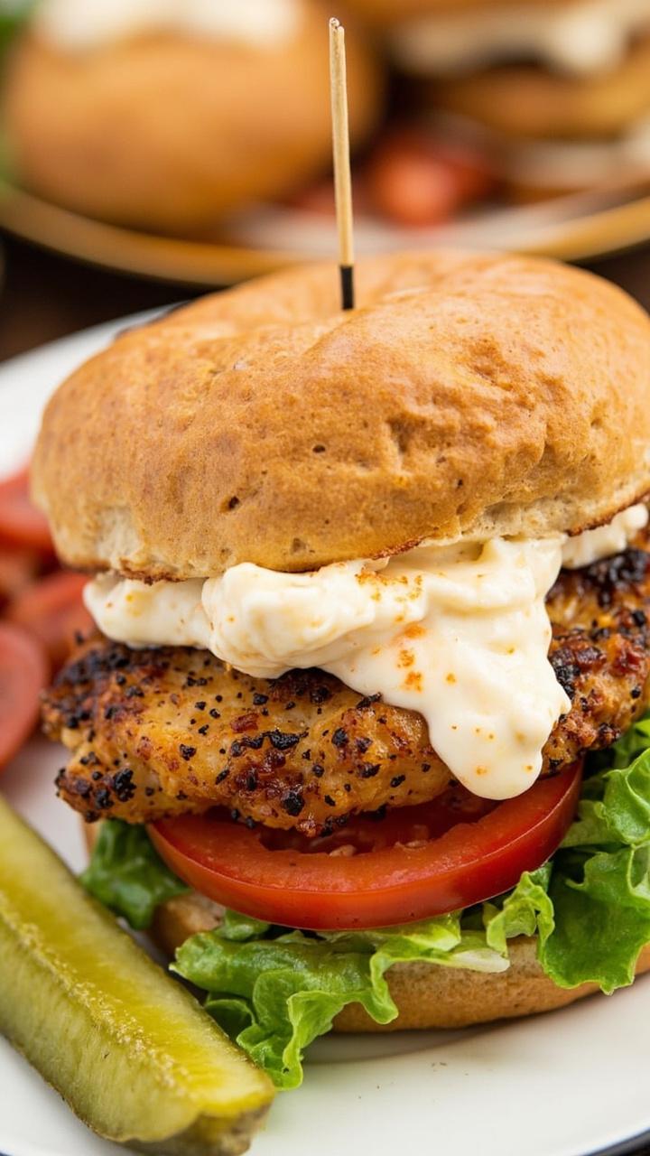 Toasted brioche buns layered with spicy blackened catfish fillets, leafy lettuce, tomato slices, and a generous dollop of spicy mayonnaise, with a pickle spear on the side. Toasted brioche buns layered with spicy blackened catfish fillets, leafy lettuce, tomato slices, and a generous dollop of spicy mayonnaise, with a pickle spear on the side.