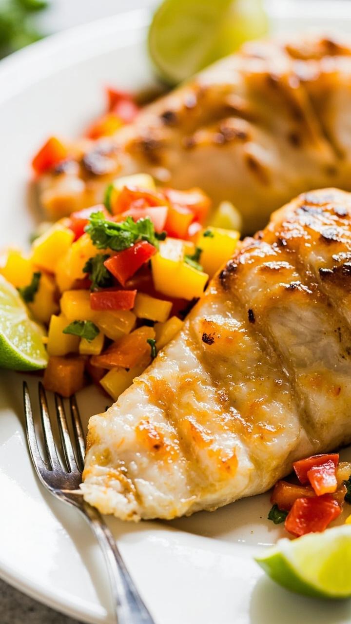 Grilled catfish fillets on a white platter with a mound of vibrant mango salsa made from diced mango, red bell pepper, and cilantro, topped with lime wedges for squeezing. Grilled catfish fillets on a white platter with a mound of vibrant mango salsa made from diced mango, red bell pepper, and cilantro, topped with lime wedges for squeezing.