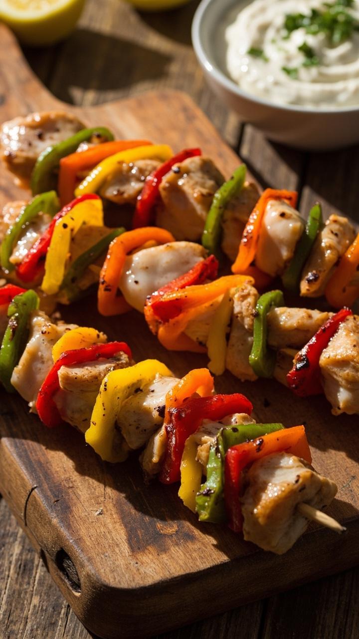 Skewers threaded with chunks of catfish and red, yellow, and green bell pepper, placed over a rustic wood board, with a side bowl of lemony yogurt dip and fresh parsley for color. Skewers threaded with chunks of catfish and red, yellow, and green bell pepper, placed over a rustic wood board, with a side bowl of lemony yogurt dip and fresh parsley for color.