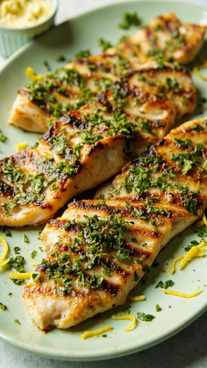 Grilled catfish fillets coated with chopped green herbs, served on a pale green platter with scattered lemon zest and a small ramekin of herb butter on the side. Grilled catfish fillets coated with chopped green herbs, served on a pale green platter with scattered lemon zest and a small ramekin of herb butter on the side.