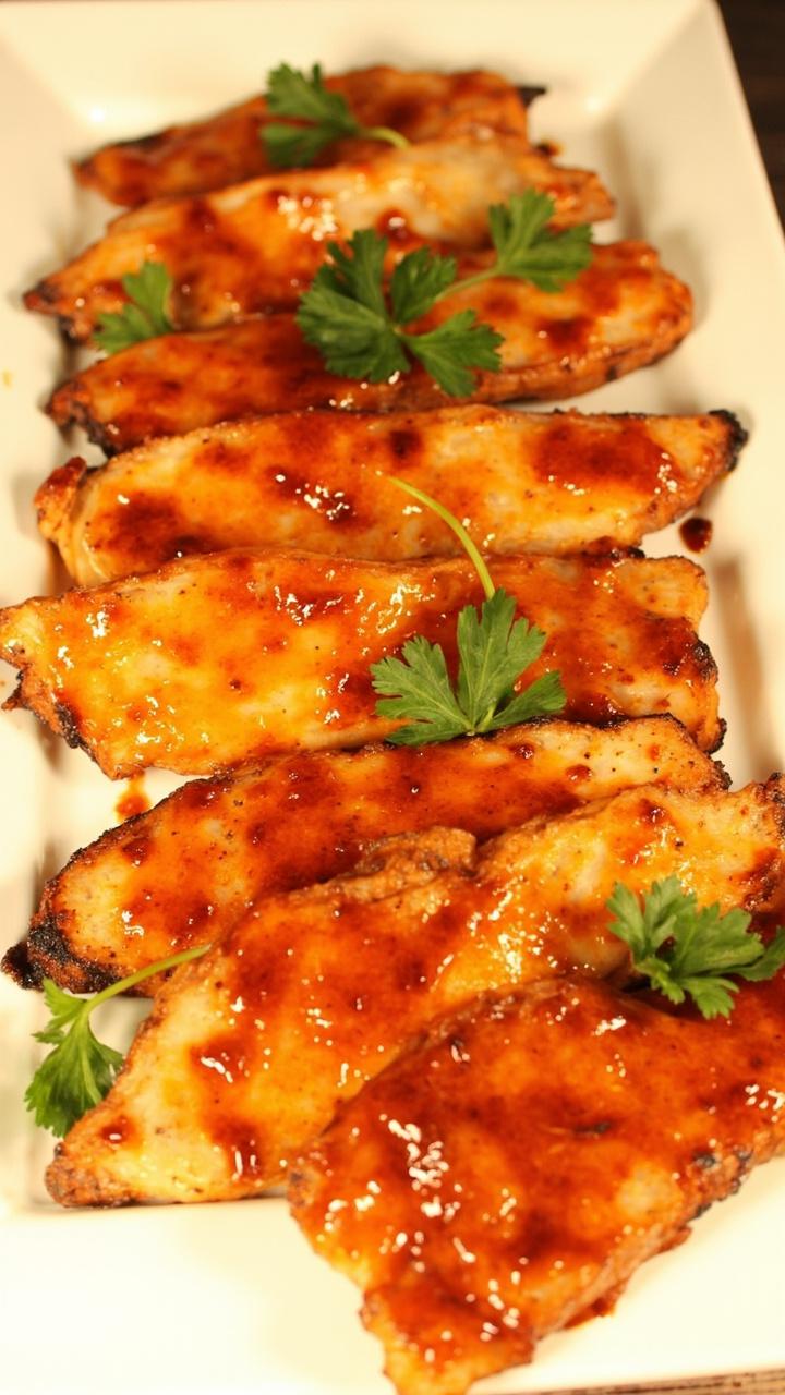 Grilled catfish fillets cut into portions, brushed with a glossy deep orange maple-chili glaze, arranged on a wide white plate with sprigs of cilantro. Grilled catfish fillets cut into portions, brushed with a glossy deep orange maple-chili glaze, arranged on a wide white plate with sprigs of cilantro.