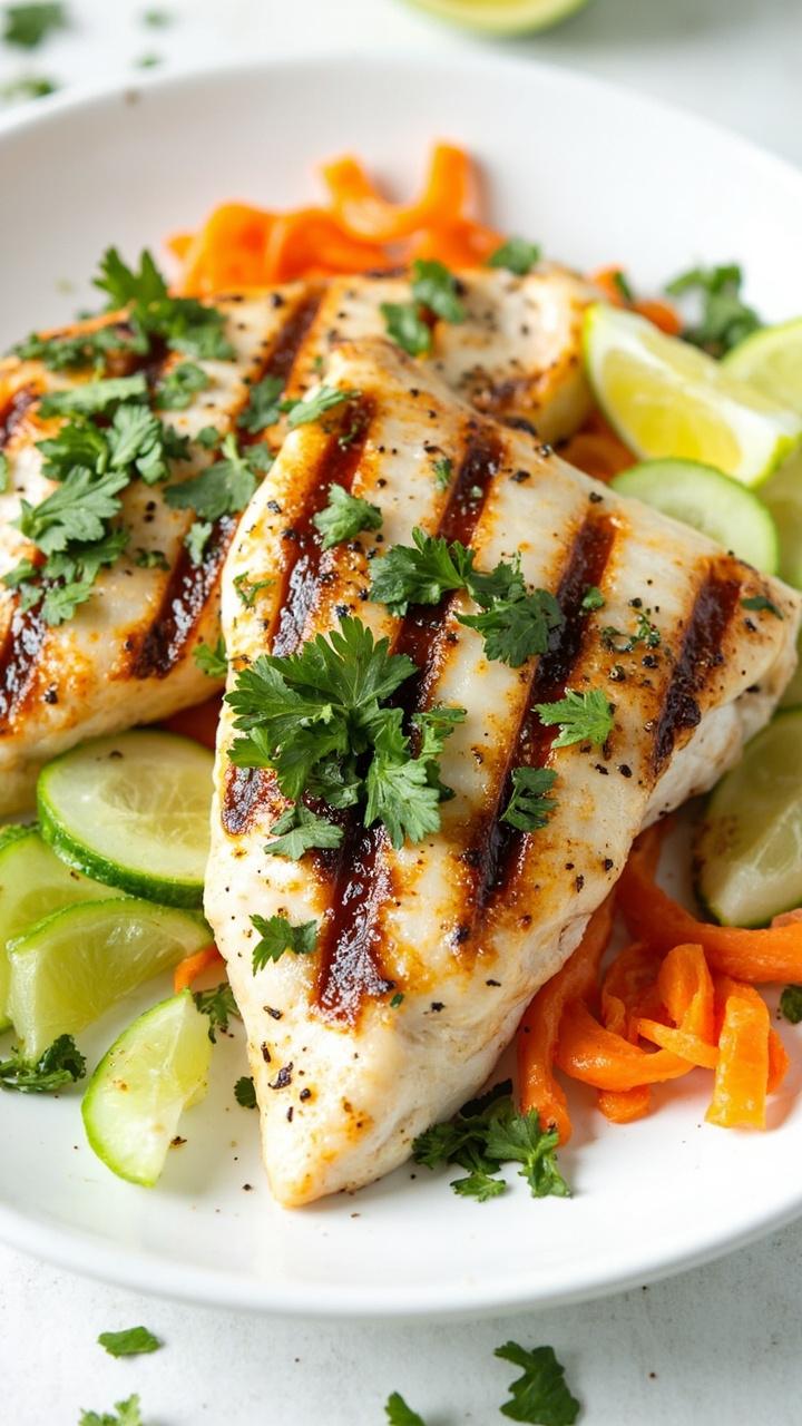 Grilled catfish fillets sprinkled with chopped mint and cilantro, plated with thinly sliced cucumber, carrot ribbons, and lime wedges on a simple ceramic plate. Grilled catfish fillets sprinkled with chopped mint and cilantro, plated with thinly sliced cucumber, carrot ribbons, and lime wedges on a simple ceramic plate.