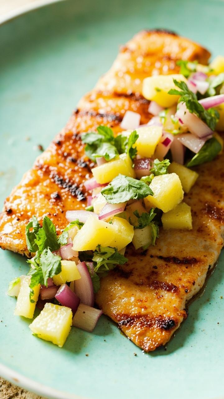 Grilled catfish fillets arranged next to a mound of chunky pineapple salsa dotted with red onion and cilantro, served on a light turquoise plate. Grilled catfish fillets arranged next to a mound of chunky pineapple salsa dotted with red onion and cilantro, served on a light turquoise plate.