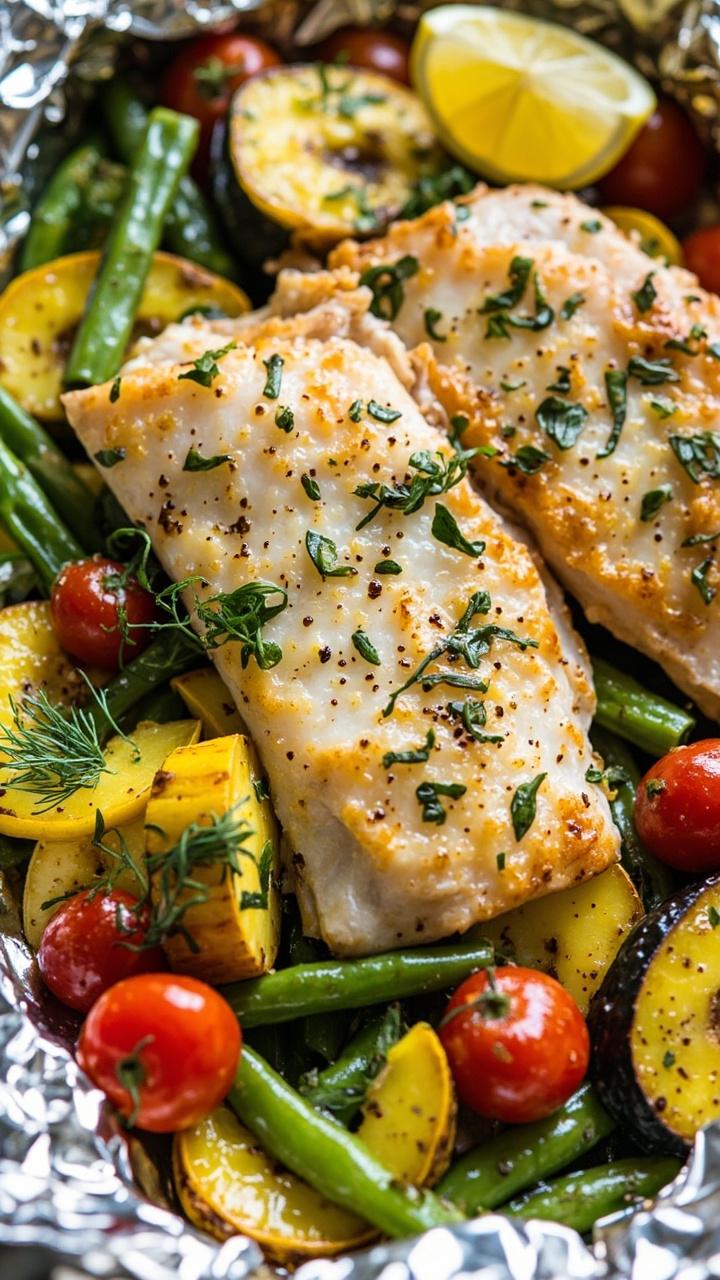 Open foil packets revealing flaky catfish fillets surrounded by colorful summer squash, cherry tomatoes, and green beans, with a sprinkle of fresh herbs and a squeeze of lemon, all steaming hot. Open foil packets revealing flaky catfish fillets surrounded by colorful summer squash, cherry tomatoes, and green beans, with a sprinkle of fresh herbs and a squeeze of lemon, all steaming hot.