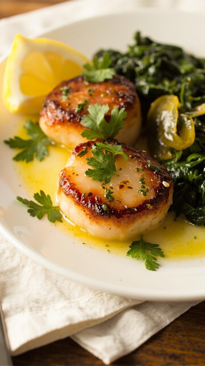 Large caramelized scallops on a shallow white plate, drizzled with golden lemon butter and scattered fresh parsley. Served beside wilted spinach and a lemon wedge. The plate rests on a linen napkin with a fork.