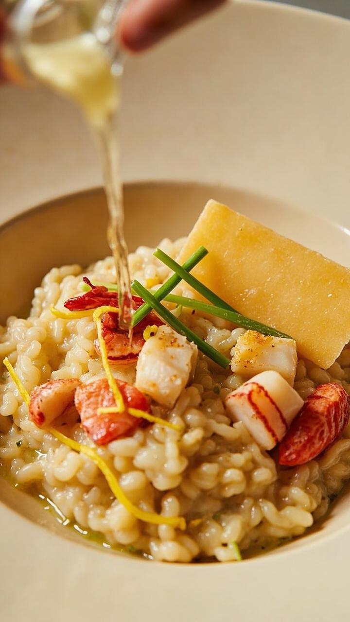 A creamy mound of risotto, flecked with red lobster chunks and golden scallop pieces, served in a wide shallow bowl. Garnished with lemon zest and fresh chives, with a parmesan crisp on the side.