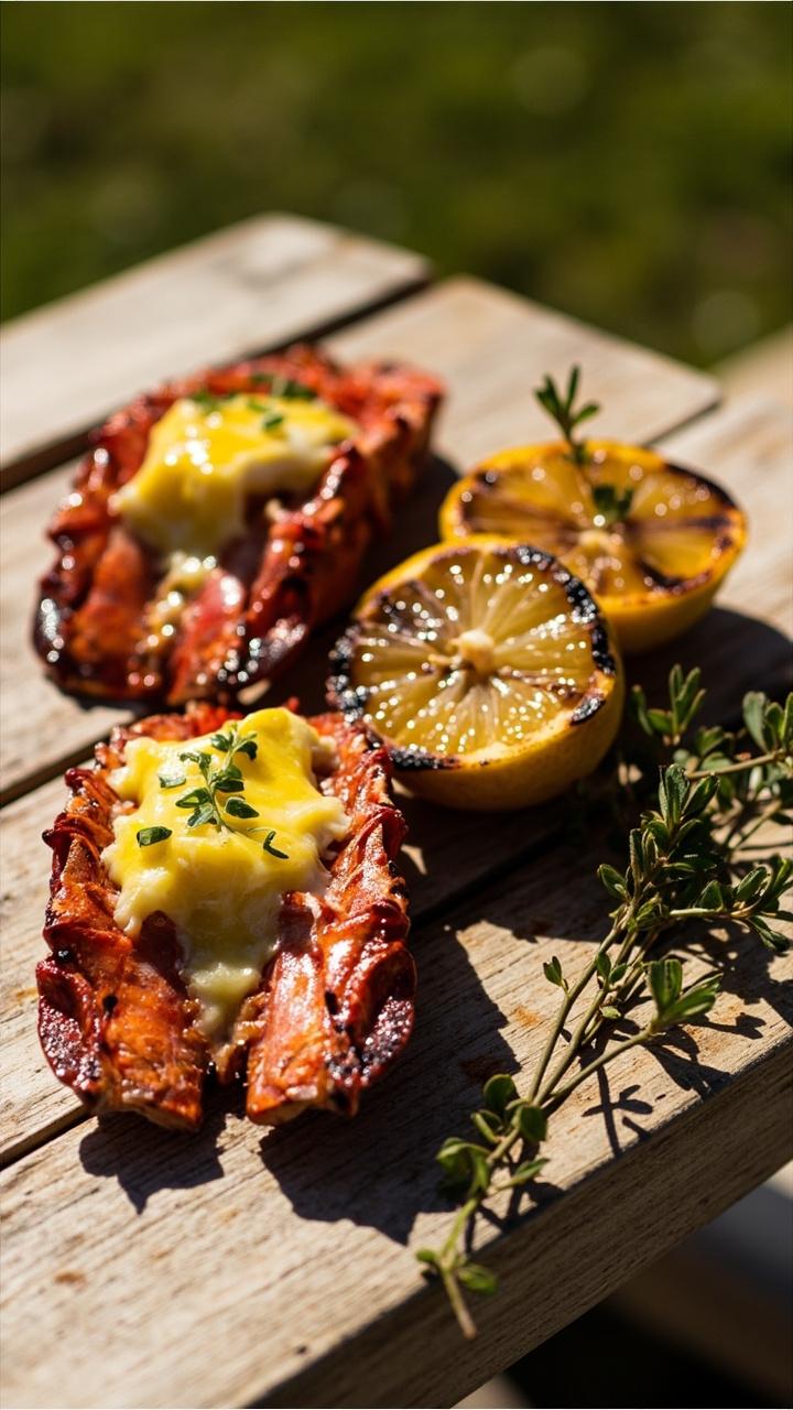Halved lobster tails with char marks, topped with melting herb-speckled butter. Served on a platter with grilled lemon halves and a few sprigs of thyme. A light wooden picnic table underneath.