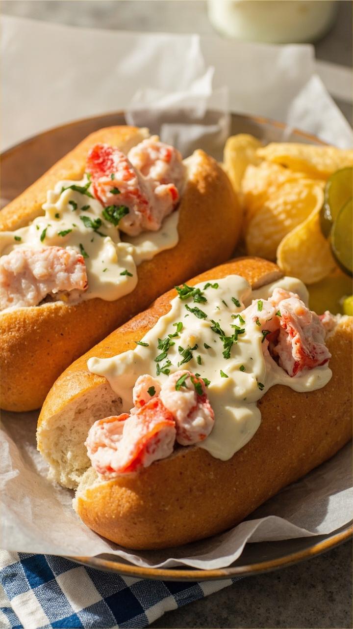 Two split-top rolls stuffed with chilled chunks of lobster in creamy white aioli, flecked with parsley. Set on a plate next to a handful of potato chips and slices of pickle. The rolls are nestled in parchment on a blue-checked cloth.