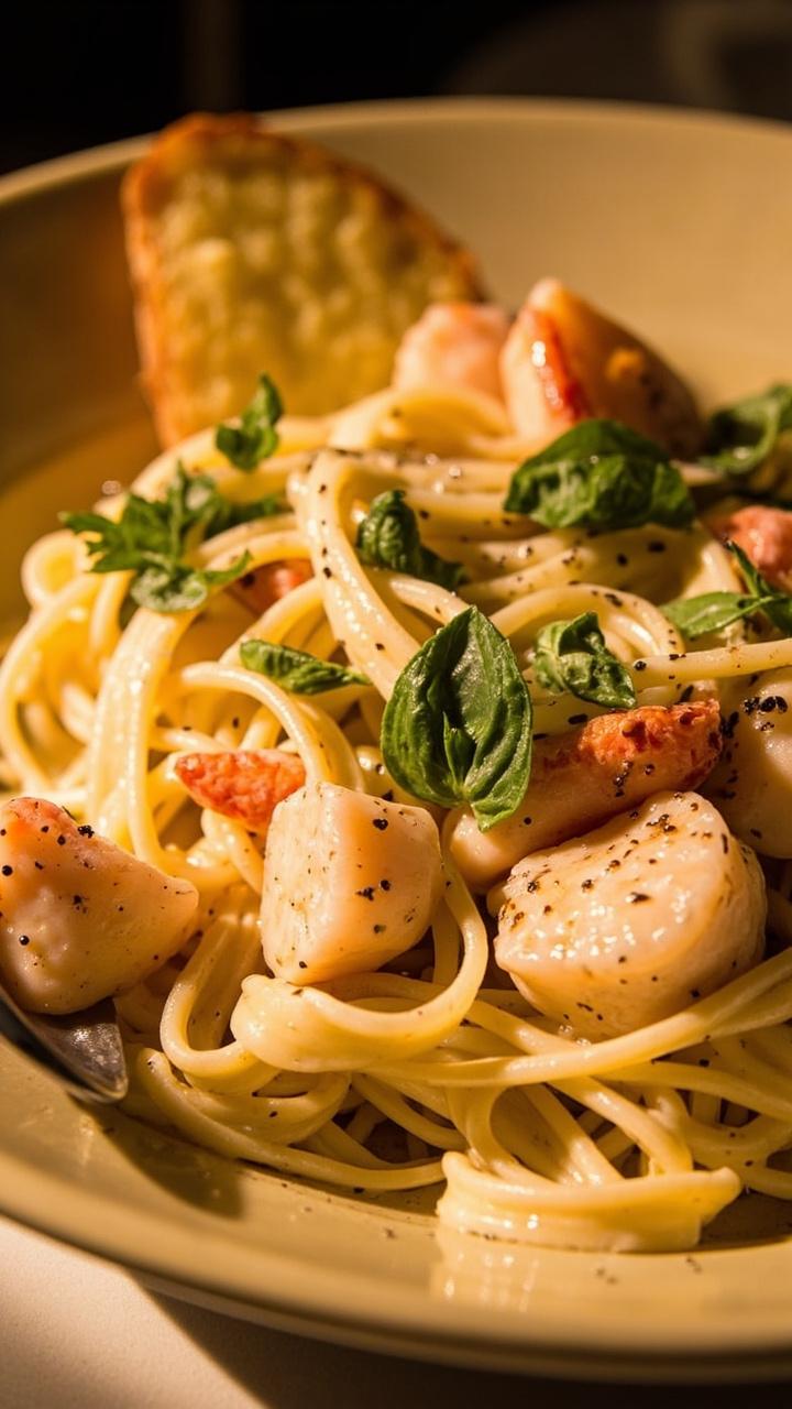 Tagliatelle noodles twirled in a white cream sauce with scallop halves and lobster pieces, topped with chopped basil and cracked pepper on a ceramic pasta bowl. A side of garlic toast peeks in.