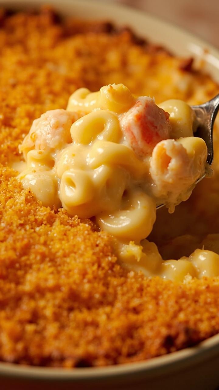 A casserole dish of bubbling mac and cheese, topped with golden bread crumbs and dotted with chunks of lobster and scallop. Scooped onto a plate with a crispy browned edge.