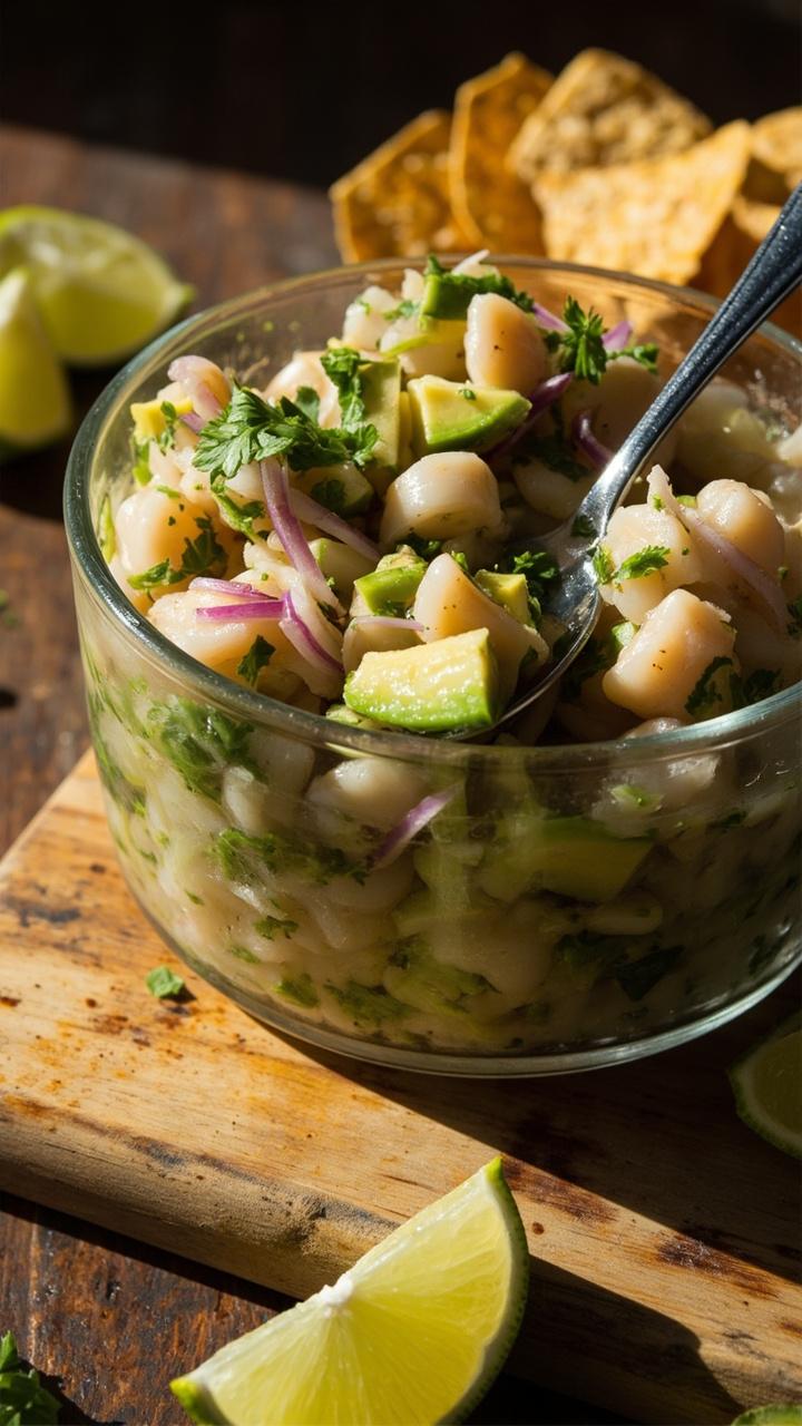 A glass bowl filled with diced raw scallops, avocado cubes, red onion, cilantro, and red chili, all marinated in pale green lime juice. Spoon resting in the bowl, set on a wooden cutting board with lime wedges and tortilla chips.