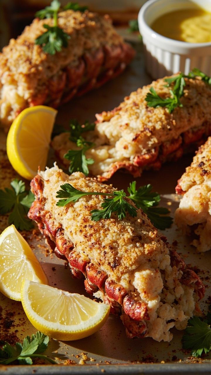 Lobster tails on a baking sheet topped with a golden-brown panko and herb crust, with fresh parsley scattered over. Lemon wedges and a ramekin of melted butter on the side.