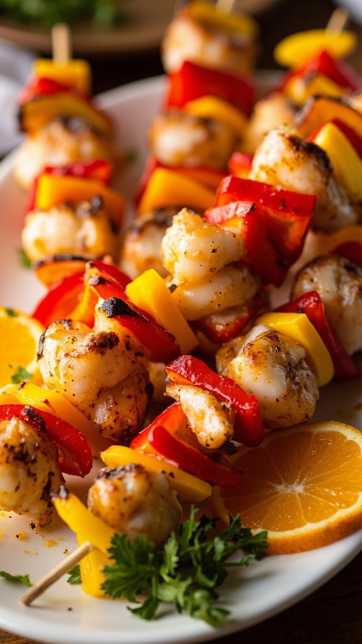Colorful skewers with alternating lobster chunks, scallop pieces, red bell pepper, and yellow squash, all glazed and slightly caramelized. Set on a platter with orange slices and sprinkled with parsley.