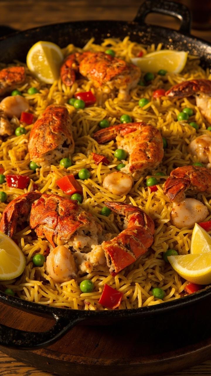 A wide paella pan brimming with yellow saffron rice, lobster tails, and scallop halves nestled in the grains. Red peppers, peas, and lemon wedges add bursts of color. Served straight from the pan on a rustic wooden table.