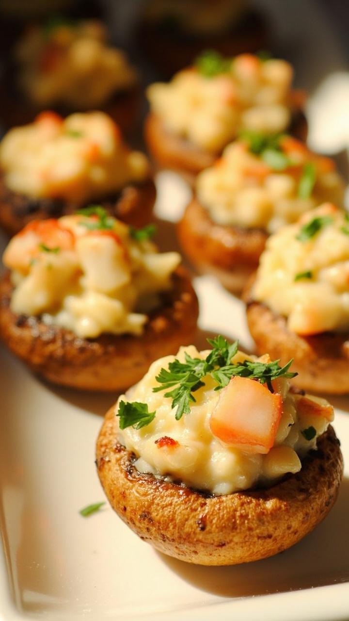 Button mushroom caps filled with a creamy lobster and scallop mixture, baked until golden, set on a small platter with chopped parsley scattered on top. Each mushroom is slightly browned and bite-sized.