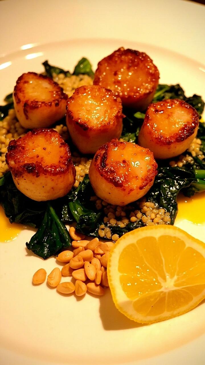 Six golden seared scallops drizzled with brown butter flecked with pine nuts, served over a bed of wilted spinach on a simple white plate. A lemon wedge and extra pine nuts on the side.