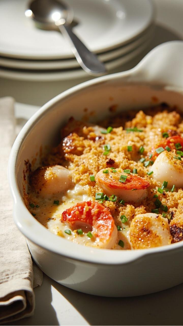 A white ceramic baking dish filled with rich lobster and scallop mixture under a broiled golden breadcrumb topping, garnished with a little chopped chive. A serving spoon and white side plates nearby.