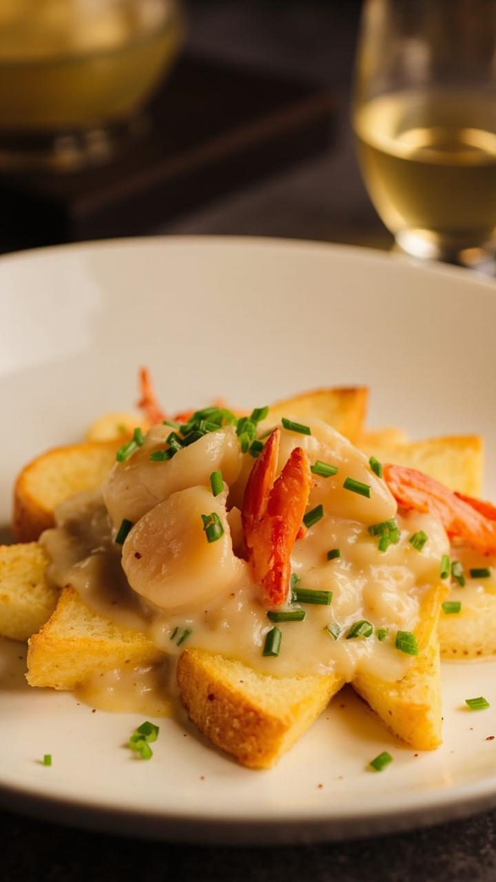 Creamy lobster and scallops in a rich sherry sauce, served over crisp, buttered toast triangles on a white plate. Chives are sprinkled on top for color, and a glass of white wine is in the background.