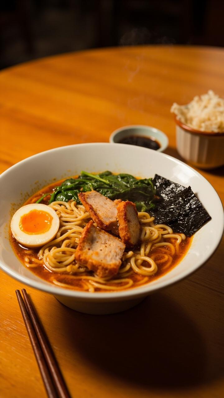 A wide white ceramic bowl filled with golden soy-chicken broth, springy ramen noodles, half a marinated soft-boiled egg, sliced pork belly, wilted spinach, and a few nori squares, all arranged on a warm wooden table with a pair of chopsticks resting beside. A wide white ceramic bowl filled with golden soy-chicken broth, springy ramen noodles, half a marinated soft-boiled egg, sliced pork belly, wilted spinach, and a few nori squares, all arranged on a warm wooden table with a pair of chopsticks resting beside.