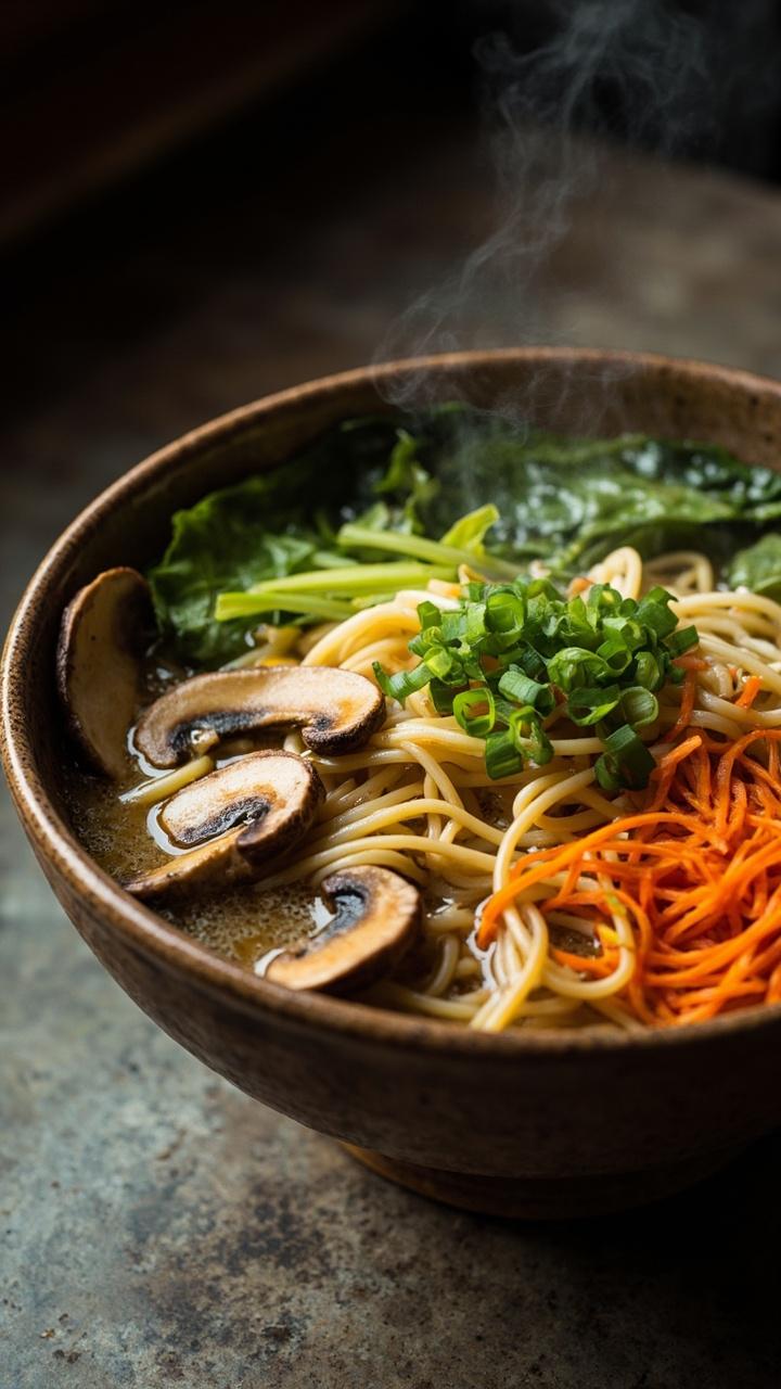 A rustic ceramic bowl brimming with tan miso broth, plump ramen noodles, sliced shiitake mushrooms, baby bok choy, shredded carrots, and a scattering of green onions on a gray stone countertop. A rustic ceramic bowl brimming with tan miso broth, plump ramen noodles, sliced shiitake mushrooms, baby bok choy, shredded carrots, and a scattering of green onions on a gray stone countertop.