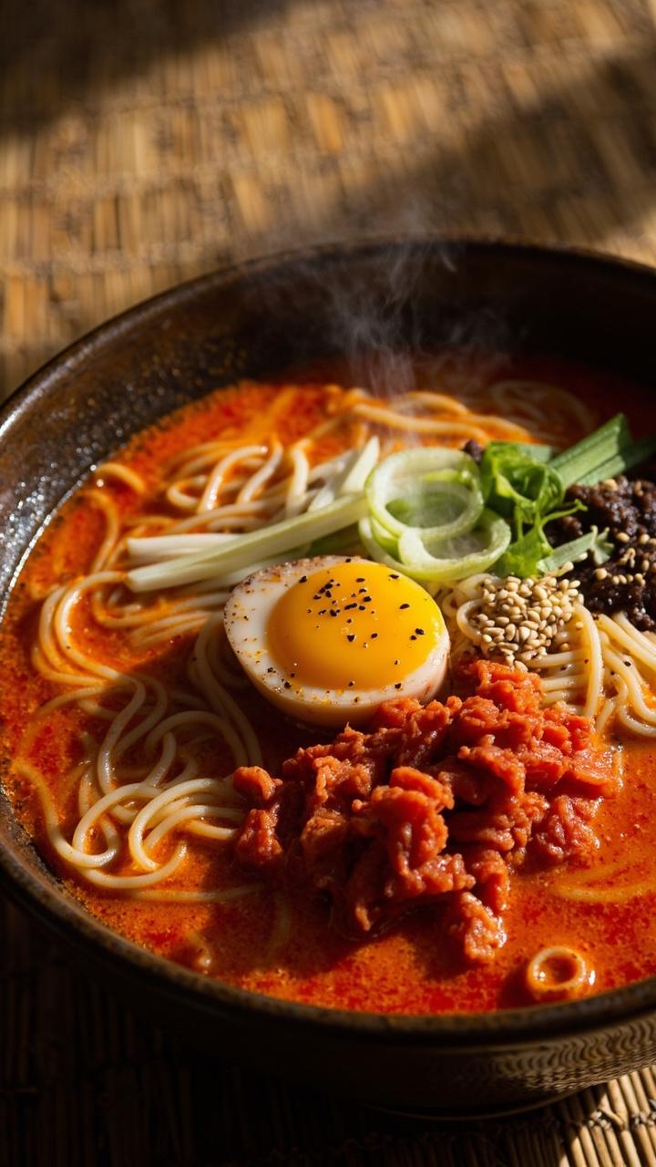 A deep bowl of steaming red-orange broth, tangled ramen noodles, chopped kimchi, poached egg, and sliced green onions, with flecks of toasted sesame seeds, set on a bamboo mat. A deep bowl of steaming red-orange broth, tangled ramen noodles, chopped kimchi, poached egg, and sliced green onions, with flecks of toasted sesame seeds, set on a bamboo mat.