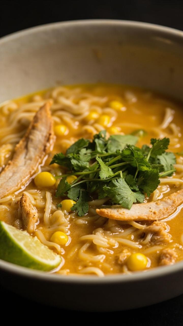A smooth bowl of pale golden broth, thin ramen noodles, shredded chicken, sweet yellow corn kernels, and a sprinkle of fresh cilantro, served with a wedge of lime on the side. A smooth bowl of pale golden broth, thin ramen noodles, shredded chicken, sweet yellow corn kernels, and a sprinkle of fresh cilantro, served with a wedge of lime on the side.