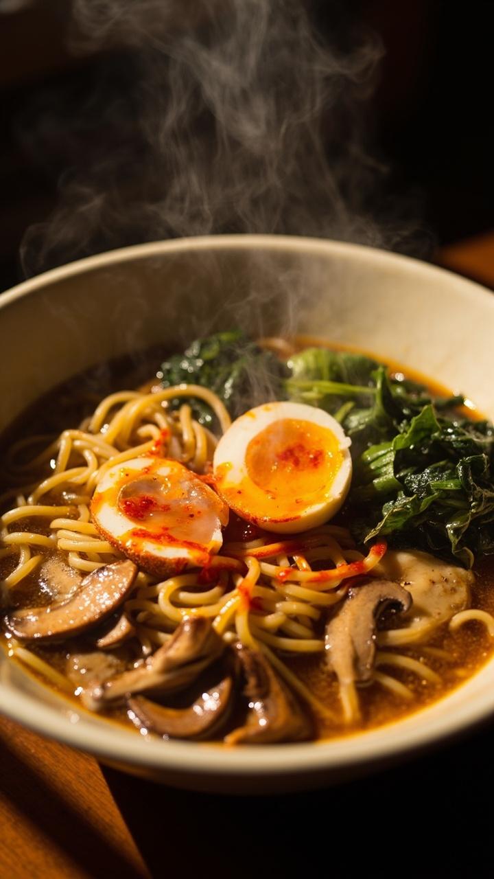 A glossy, tan-colored sesame-infused broth, curly ramen noodles, mushroom slices, wilted greens, a halved soft-boiled egg, and a drizzle of chili oil in an off-white ceramic bowl. A glossy, tan-colored sesame-infused broth, curly ramen noodles, mushroom slices, wilted greens, a halved soft-boiled egg, and a drizzle of chili oil in an off-white ceramic bowl.