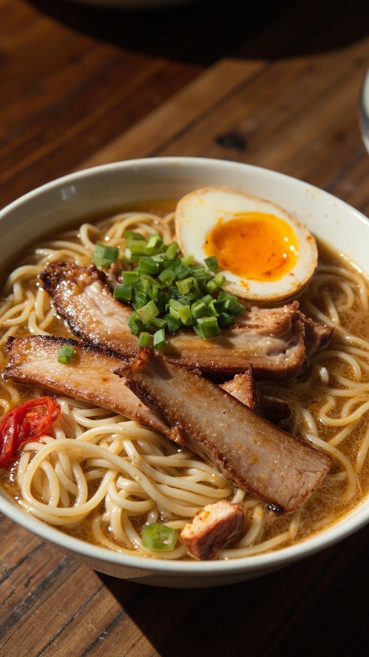 A deep bowl with milky, cloud-white broth, thick ramen noodles, slices of char siu pork, bamboo shoots, and pickled ginger, with chopped scallions and a marinated egg on top. A deep bowl with milky, cloud-white broth, thick ramen noodles, slices of char siu pork, bamboo shoots, and pickled ginger, with chopped scallions and a marinated egg on top.