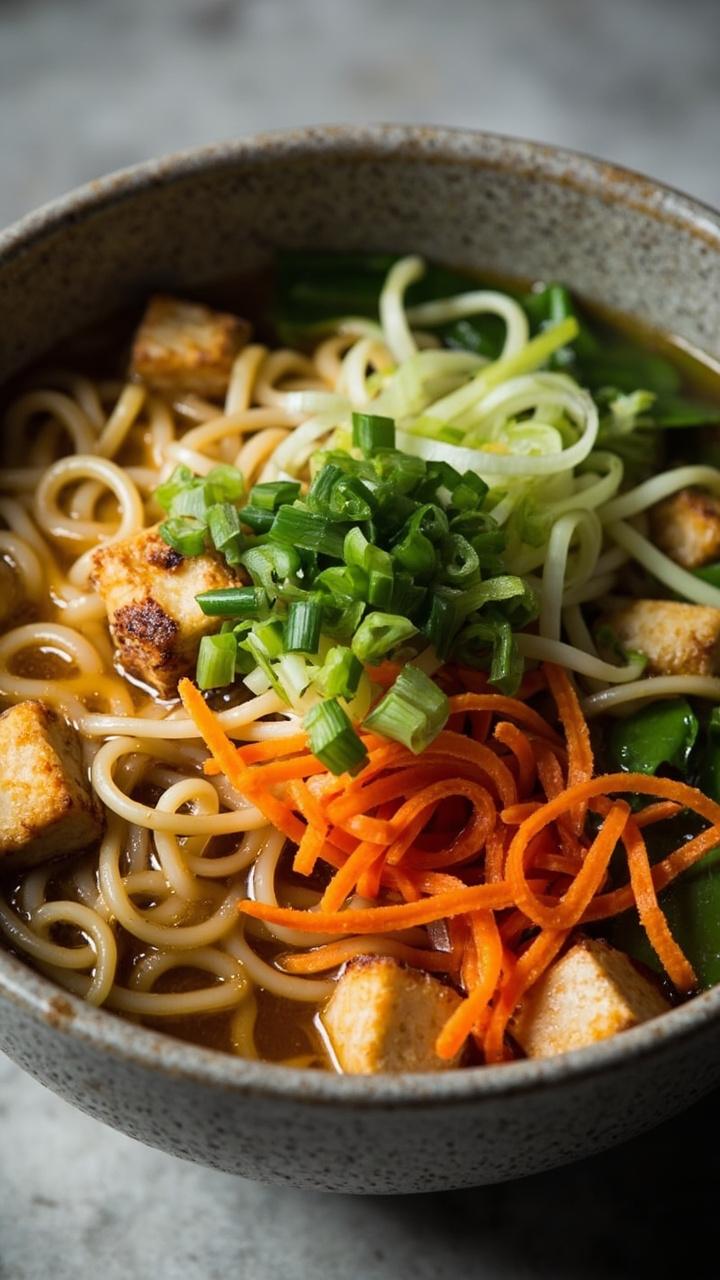 A stone-gray ceramic bowl filled with clear broth, curly ramen noodles, golden pan-seared tofu cubes, julienned carrots, snap peas, and a handful of green onions. A stone-gray ceramic bowl filled with clear broth, curly ramen noodles, golden pan-seared tofu cubes, julienned carrots, snap peas, and a handful of green onions.