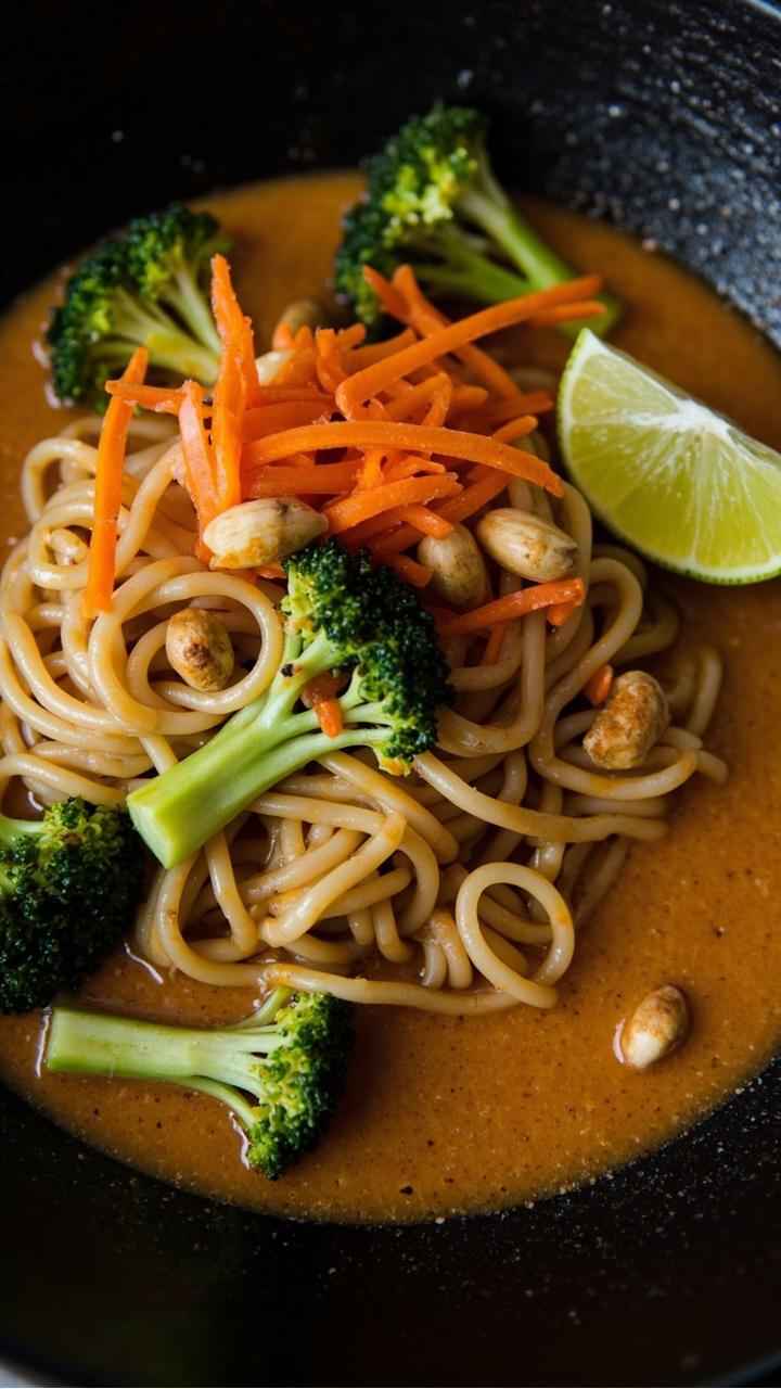 A creamy light brown broth clings to thick ramen noodles, topped with steamed broccoli florets, shredded carrots, roasted peanuts, and a wedge of lime, served in a matte black bowl. A creamy light brown broth clings to thick ramen noodles, topped with steamed broccoli florets, shredded carrots, roasted peanuts, and a wedge of lime, served in a matte black bowl.