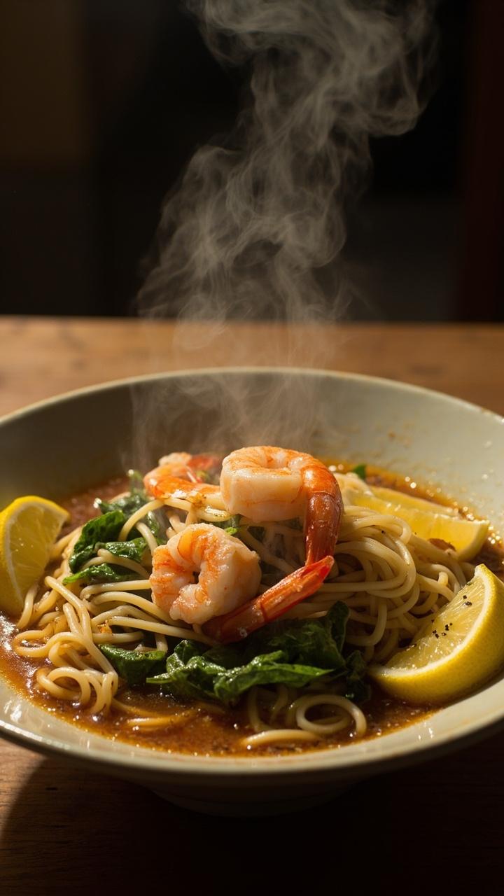 A wide shallow bowl with a clear, aromatic broth, delicate ramen noodles, pink seared shrimp, bright spinach leaves, and a few lemon wedges, with a sprinkle of black pepper. A wide shallow bowl with a clear, aromatic broth, delicate ramen noodles, pink seared shrimp, bright spinach leaves, and a few lemon wedges, with a sprinkle of black pepper.