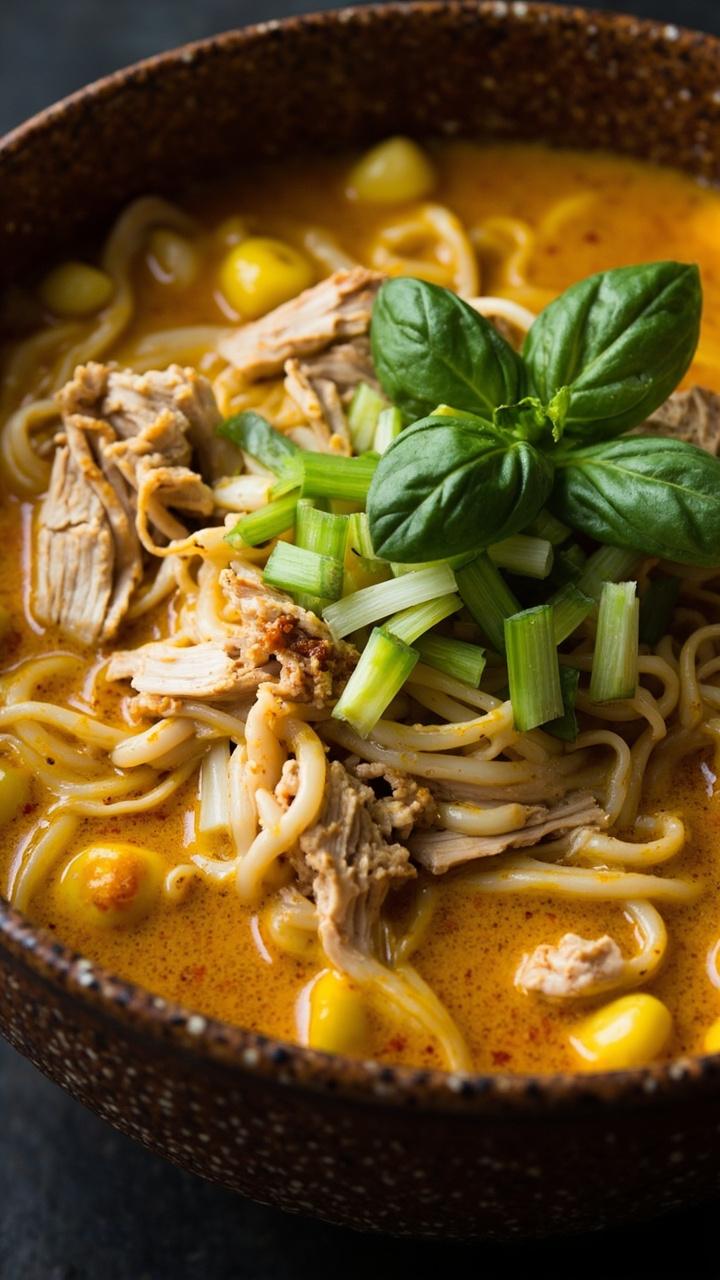 A vibrant golden curry broth, thick ramen noodles, shredded turkey, baby corn, scallions, and a sprinkle of fresh basil in a deep speckled ceramic bowl. A vibrant golden curry broth, thick ramen noodles, shredded turkey, baby corn, scallions, and a sprinkle of fresh basil in a deep speckled ceramic bowl.