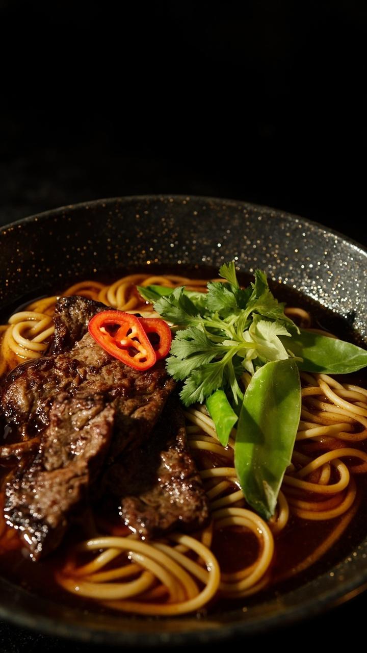A charcoal bowl filled with deep, clear broth, wavy ramen noodles, strips of seared beef, snow peas, and thin slices of red chili, garnished with fresh cilantro. A charcoal bowl filled with deep, clear broth, wavy ramen noodles, strips of seared beef, snow peas, and thin slices of red chili, garnished with fresh cilantro.