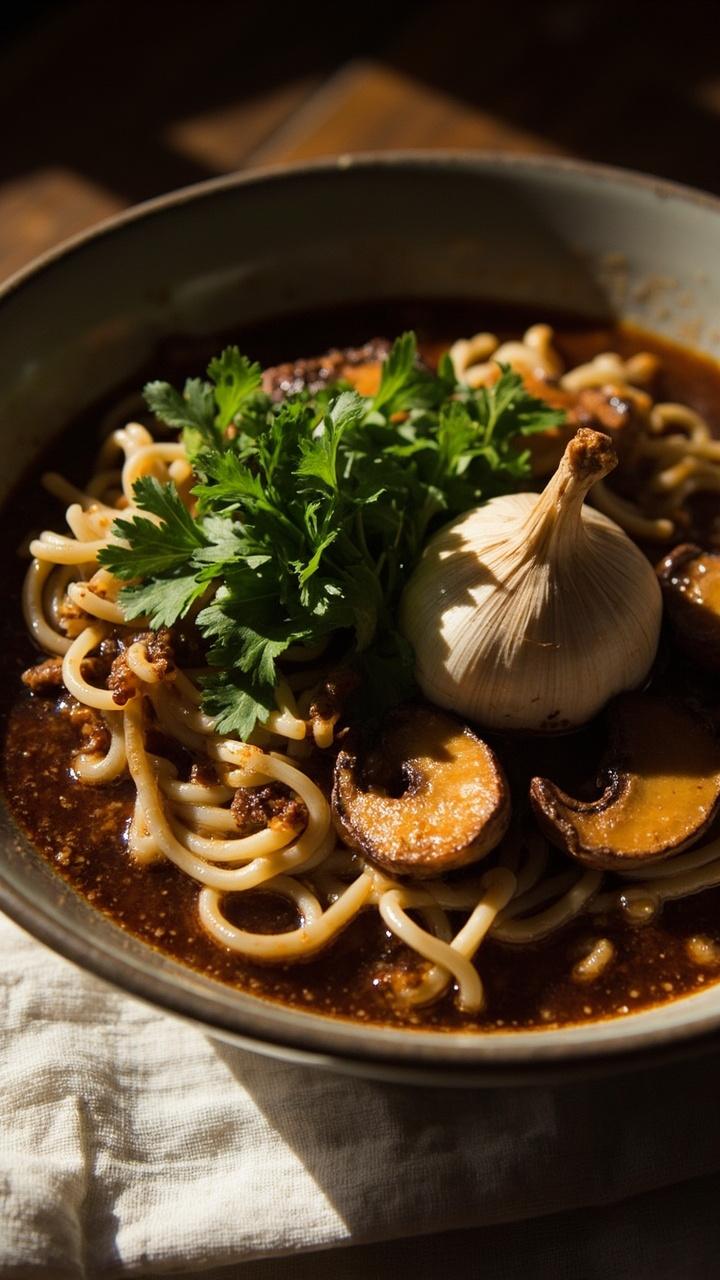 A shallow bowl of dark brown broth, plump ramen noodles, roasted mushroom slices, a bulb of caramelized garlic, and a handful of fresh parsley, sitting on a linen napkin. A shallow bowl of dark brown broth, plump ramen noodles, roasted mushroom slices, a bulb of caramelized garlic, and a handful of fresh parsley, sitting on a linen napkin.