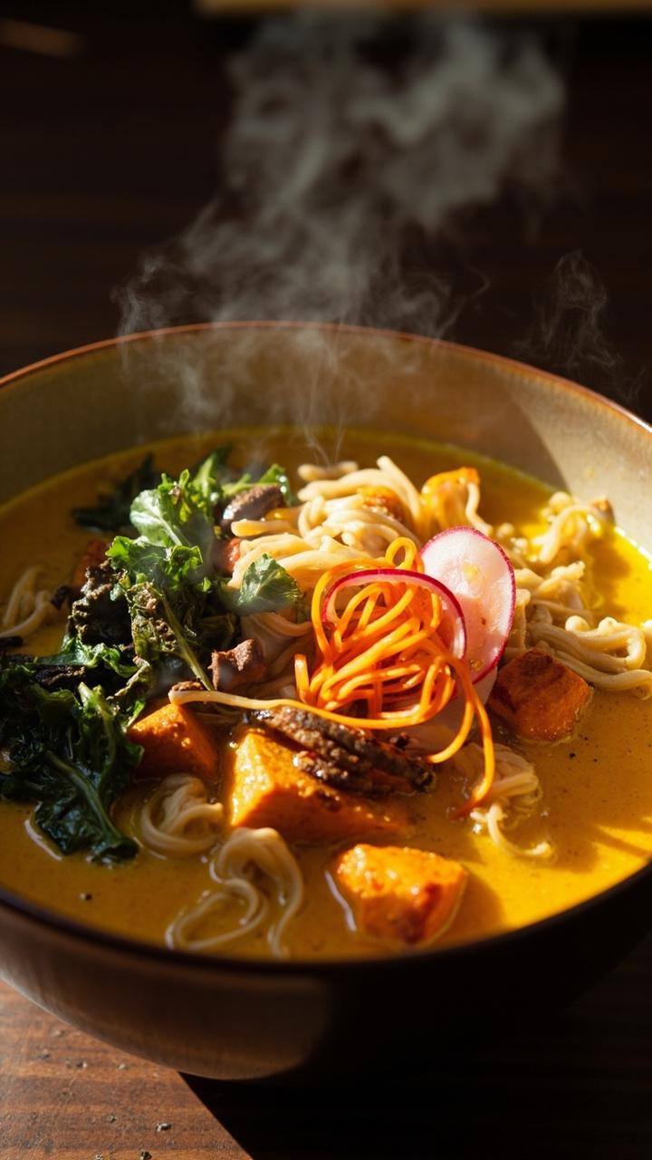 A large cozy bowl featuring a golden broth, curly ramen noodles, cubed roasted sweet potato, wilted kale, thin carrot ribbons, and a few radish slices for a pop of color. A large cozy bowl featuring a golden broth, curly ramen noodles, cubed roasted sweet potato, wilted kale, thin carrot ribbons, and a few radish slices for a pop of color.