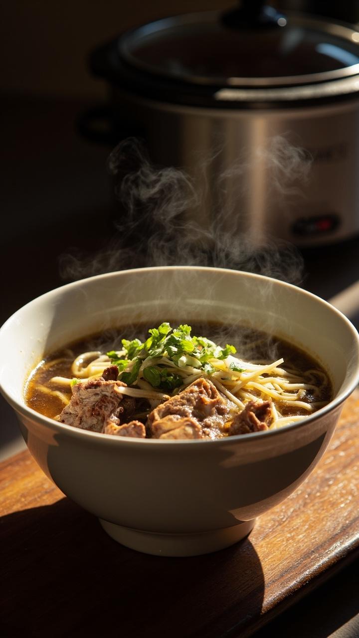 A deep white bowl with clear, aromatic broth, chunks of tender braised pork, shredded cabbage, thin ramen noodles, and a sprinkle of green onions, on a wood table with a slow cooker in the background. A deep white bowl with clear, aromatic broth, chunks of tender braised pork, shredded cabbage, thin ramen noodles, and a sprinkle of green onions, on a wood table with a slow cooker in the background.