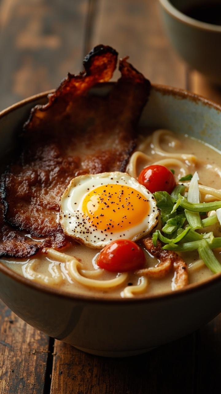 A bowl of pale, creamy broth with ramen noodles, crispy bacon slices, a sunny-side-up egg, a few cherry tomatoes, and sliced scallions, garnished with black pepper. A bowl of pale, creamy broth with ramen noodles, crispy bacon slices, a sunny-side-up egg, a few cherry tomatoes, and sliced scallions, garnished with black pepper.