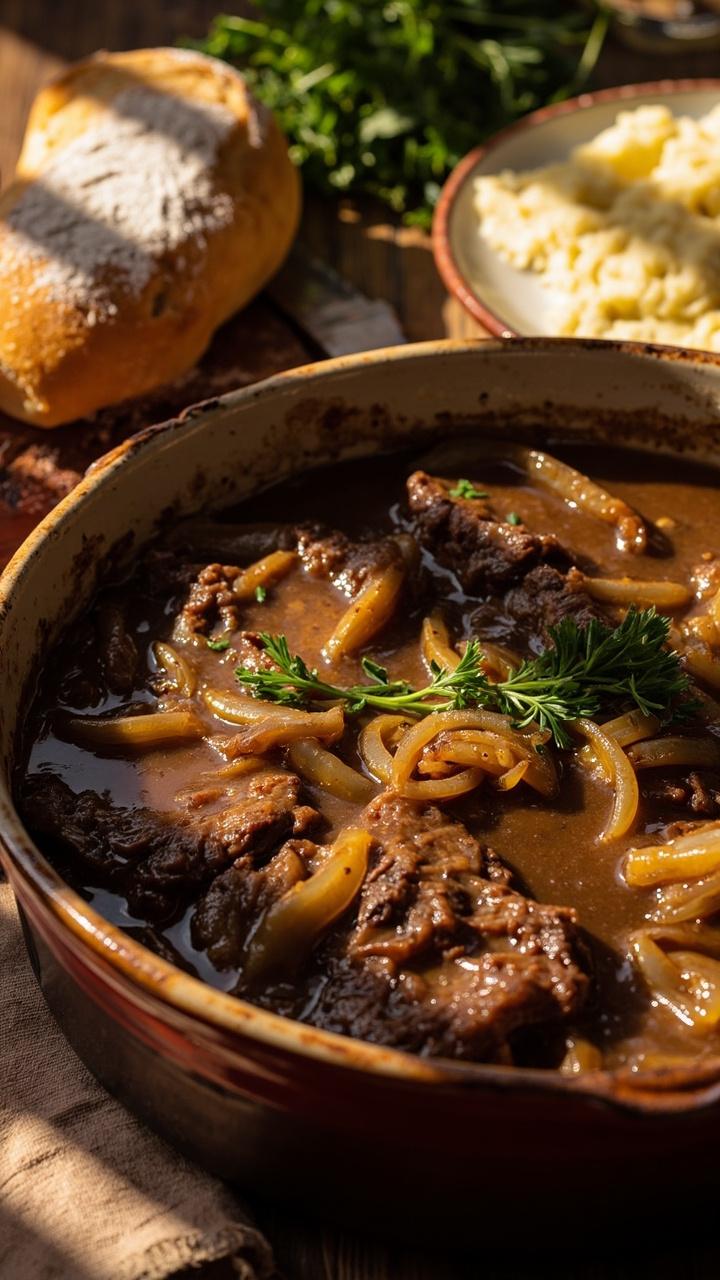 Slices of round steak nestled in a glossy onion gravy, served in a deep ceramic dish. The meat is topped with golden, soft onions and fresh parsley. A crusty loaf sits nearby for soaking up the sauce, with mashed potatoes on the side.