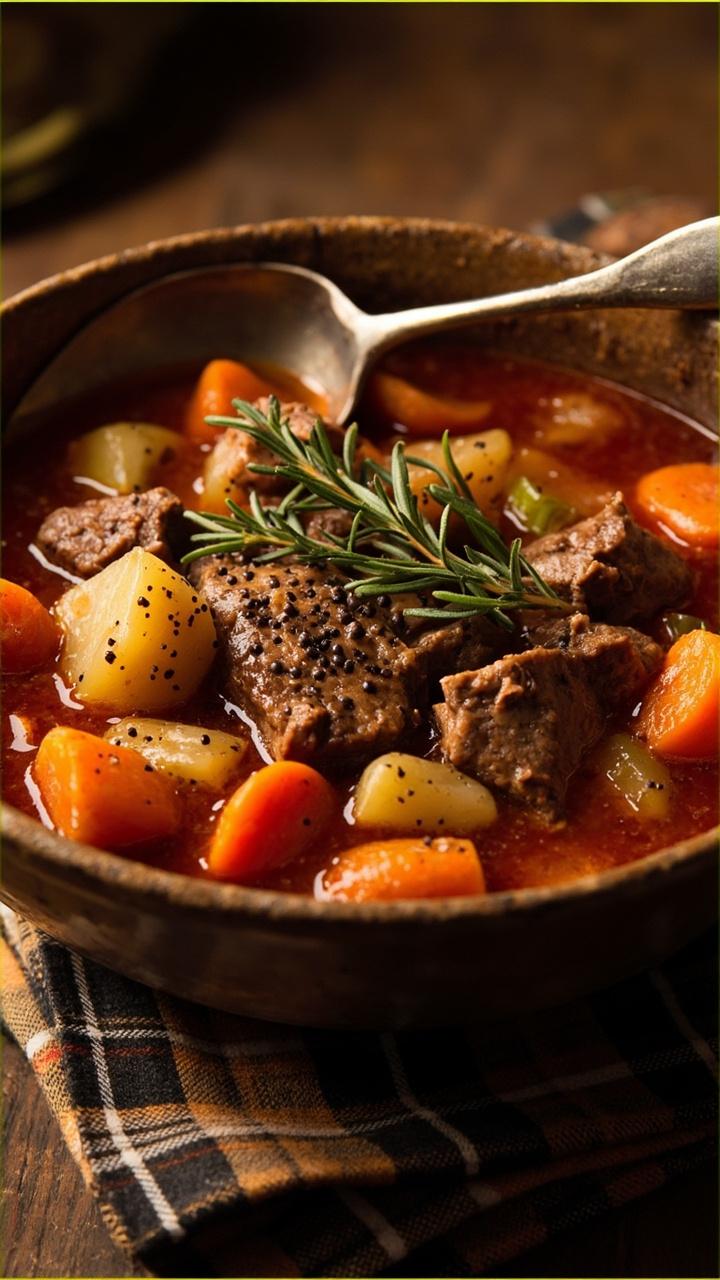 A rustic bowl piled high with chunks of tender round steak, carrots, potatoes, and celery, all swimming in a thick tomato-rich broth. Sprigs of thyme and cracked pepper finish the scene, with a spoon resting in the bowl and a flannel napkin underneath.