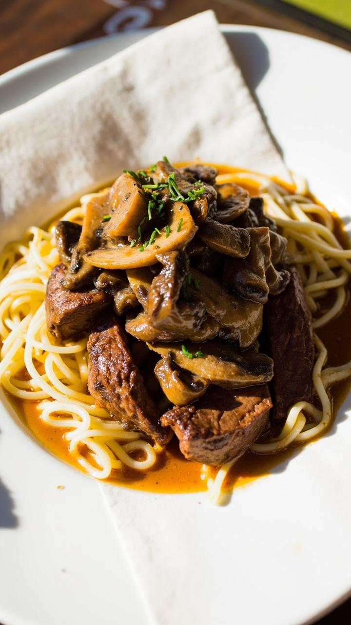 Tender round steak slabs topped with sliced mushrooms and a rich brown sauce, all served over fluffy egg noodles on a white plate. Chopped chives are sprinkled over for color, and there’s a simple linen napkin alongside.