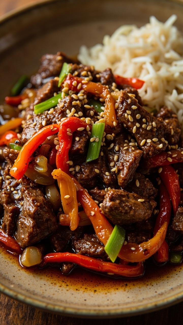 Sliced strips of seared steak tossed with glossy bell peppers and onions, all glazed with a soy-ginger sauce. The stir fry sits in a wide, shallow bowl, topped with sesame seeds and sliced green onions, fluffy white rice on the side.