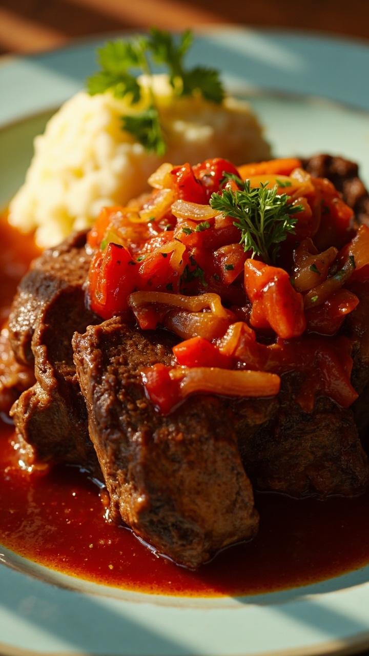 Thick slices of tomato-braised steak topped with chunky tomato and onion sauce, served on a pale blue plate. Garnished with parsley and set beside a heaping scoop of creamy mashed potatoes.