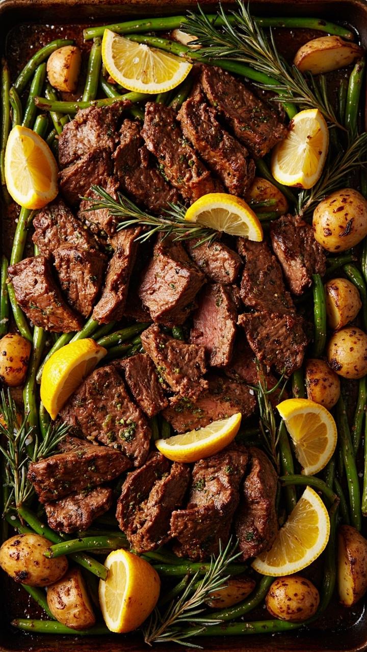 A sheet pan lined with herbed round steak slices, golden potato wedges, and vibrant roasted green beans. Lemon wedges and rosemary sprigs are scattered across the pan, ready to serve.