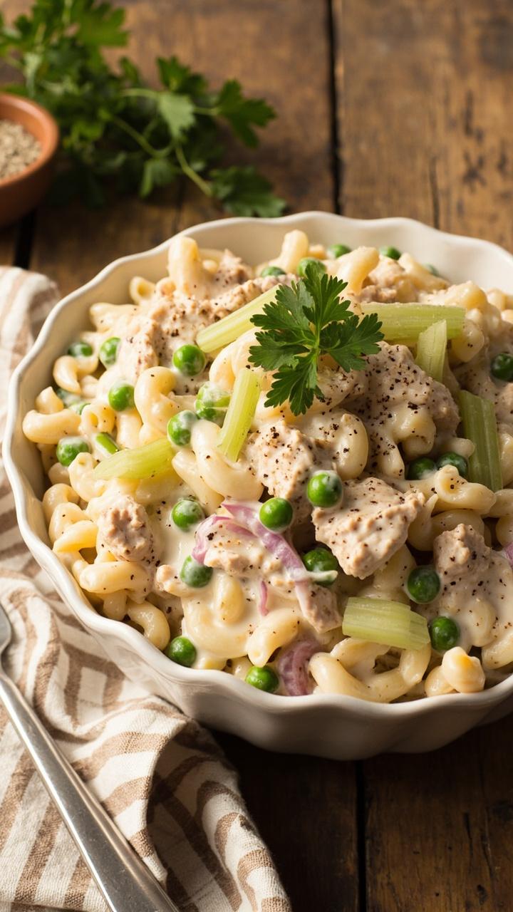A generous white bowl piled high with elbow macaroni, flaked tuna, celery, peas, and finely diced red onion, all coated in a pale creamy dressing. Sprigs of parsley and extra black pepper scattered on top. The bowl sits on a wood table with a striped cloth napkin nearby.