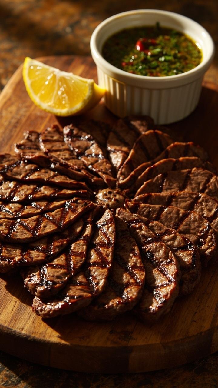Slices of char-grilled round steak fanned out on a cutting board, glistening with grill marks. A ramekin of herby chimichurri sits alongside, and there’s a wedge of lemon for squeezing.