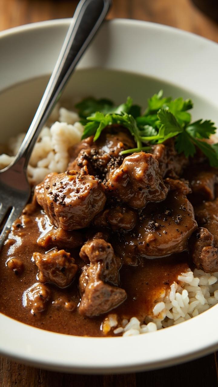 Chunky round steak in a velvety brown gravy poured over steamy white rice in a shallow porcelain bowl. Cracked black pepper and fresh parsley are sprinkled on top. A fork sits on the edge.