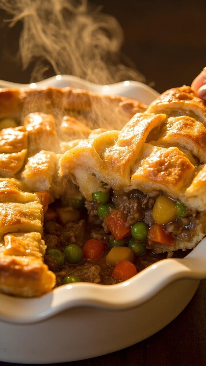 A golden-brown, lattice-topped pot pie filled with beef, peas, carrots, and potatoes bubbling gently, served in a white pie dish. A slice reveals steaming, savory filling.